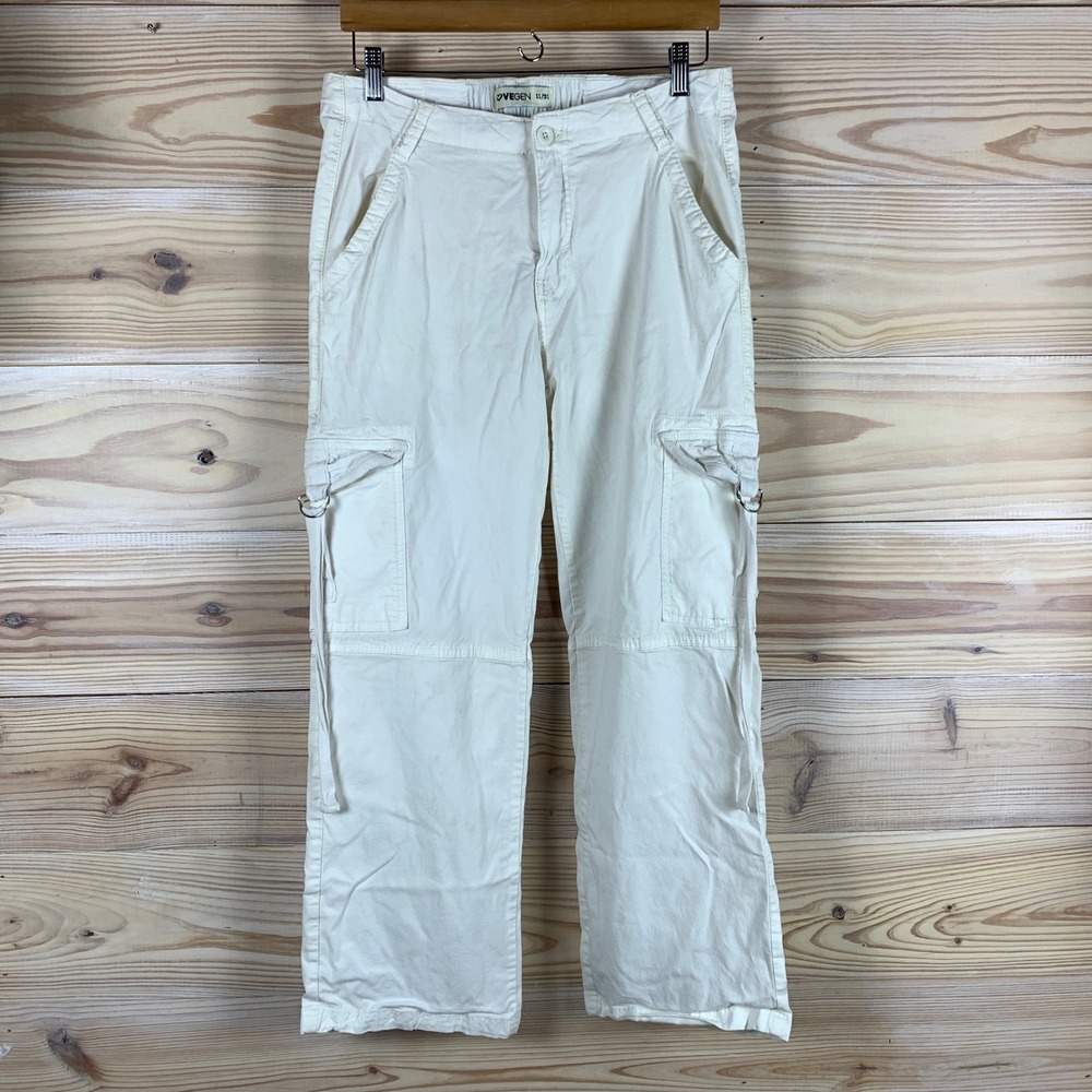 Lovegen Cargo Pants Women 11/31 White Straight Leg Tencel Stretch Utility Pocket